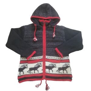 ALMA 100% Wool Handmade Fleece-Lined Sweater Jacket Moose Fall Winter Large